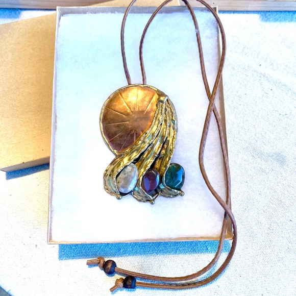 Vintage Art Deco Eclectic Metal & Stone Retro 2-in-1 Pendant & Brooch Necklace - Picture 6 of 10